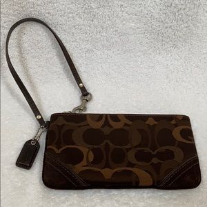 Coach with multi logo brown zippered wristlet